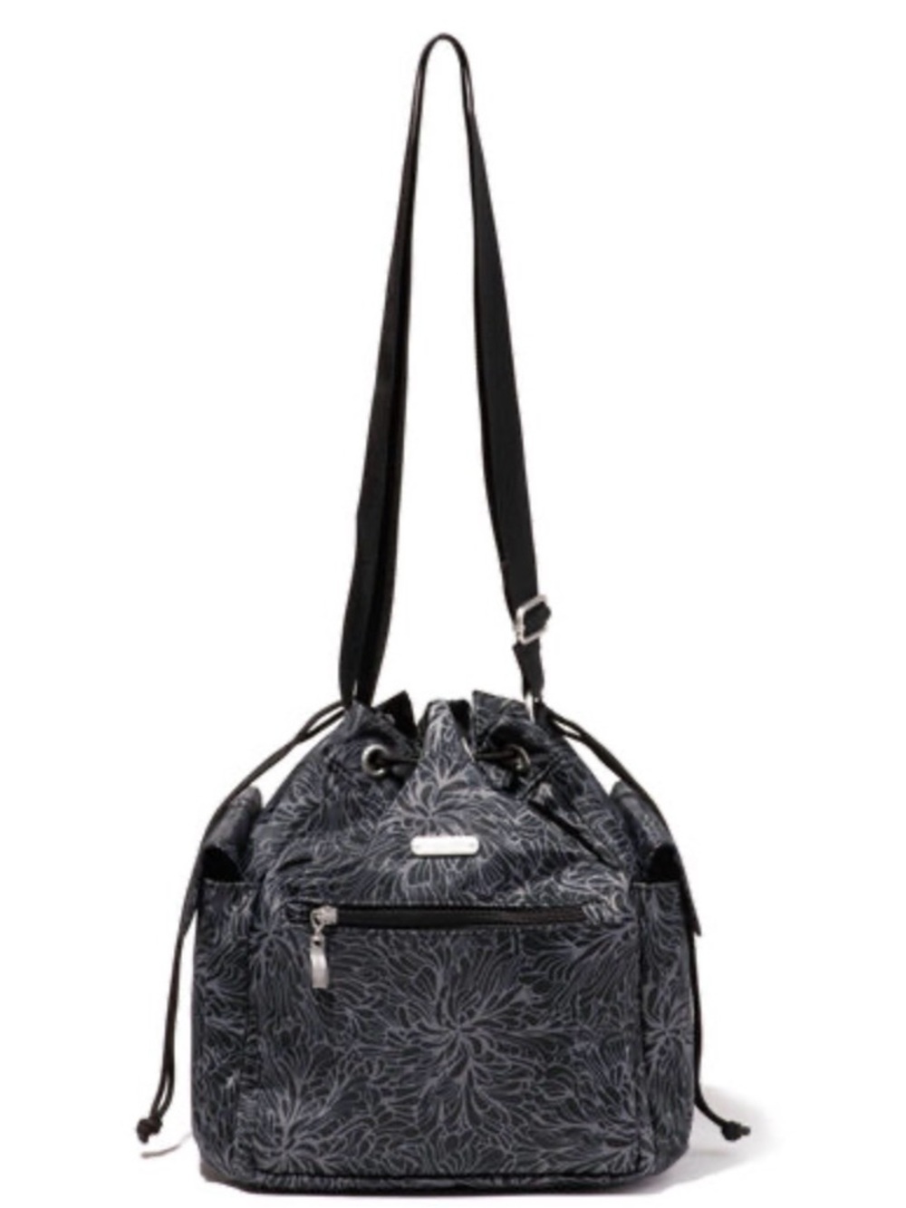 Baggallini Drawstring Crossbody Bag Floral Black Gray Nylon Bucket Purse NWT